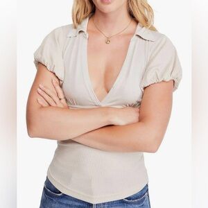 Free People Women's Molly Collared Tee Beige Stretchy Soft Knit Sz L